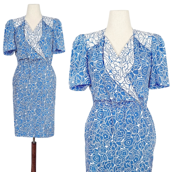 1980s Vintage Dress 80s Midi Blue White Floral Medium Large M/L Shirtwaist Volup - Picture 1 of 7